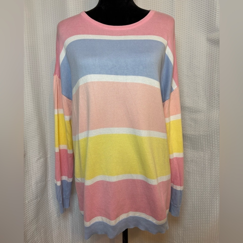 Chadwicks cotton blend colorful pastel striped long sleeve crewneck sweater L